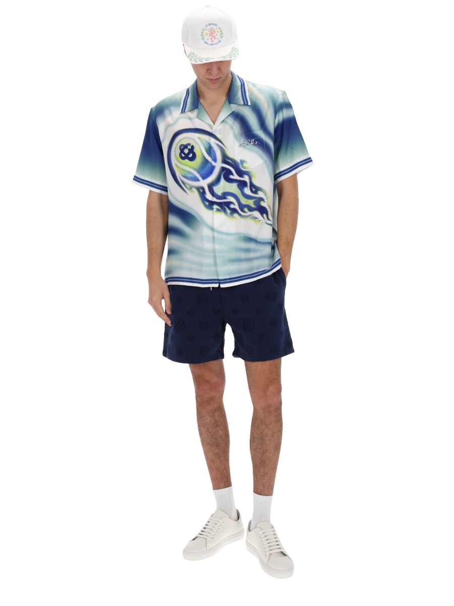 Casablanca Flaming Tennis Ball Silk Casual Shirt Blauw