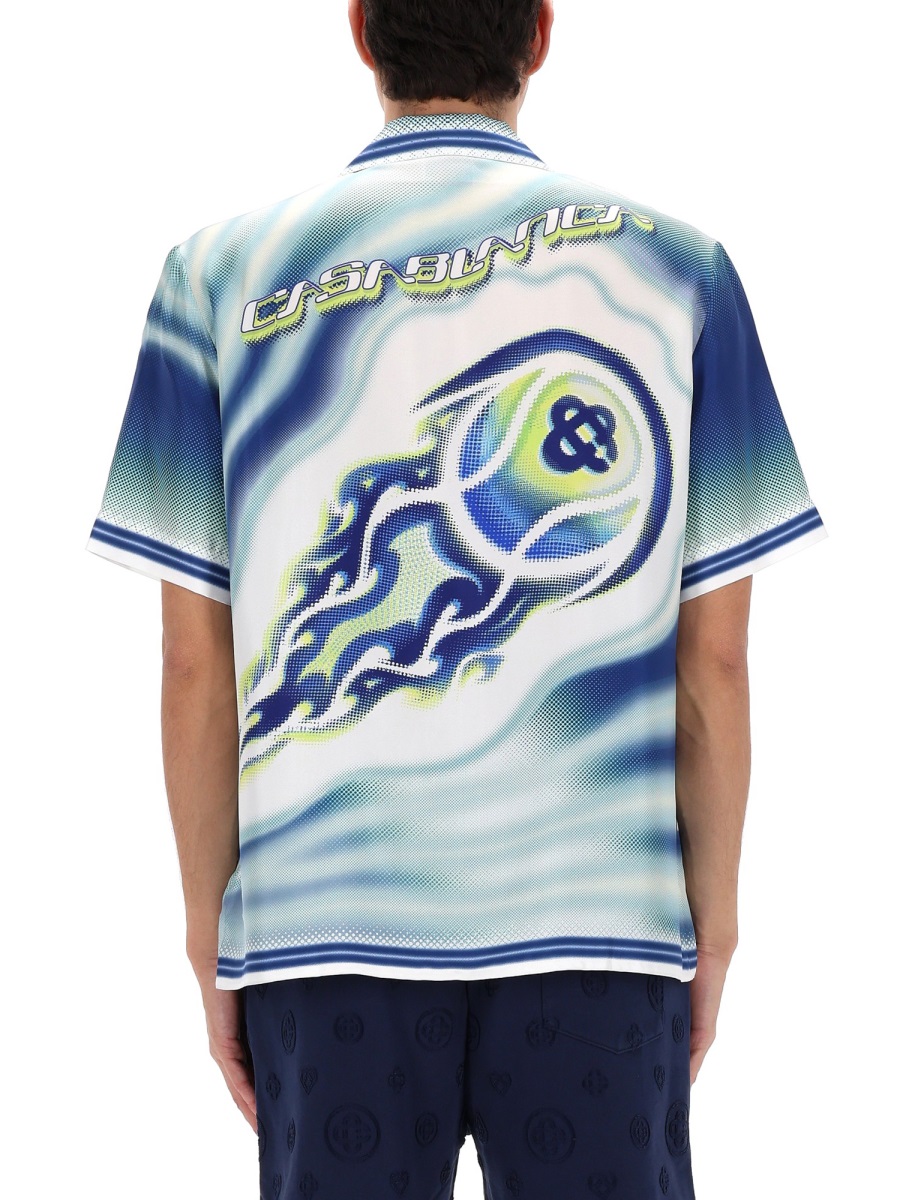 Casablanca Flaming Tennis Ball Silk Casual Shirt Blauw