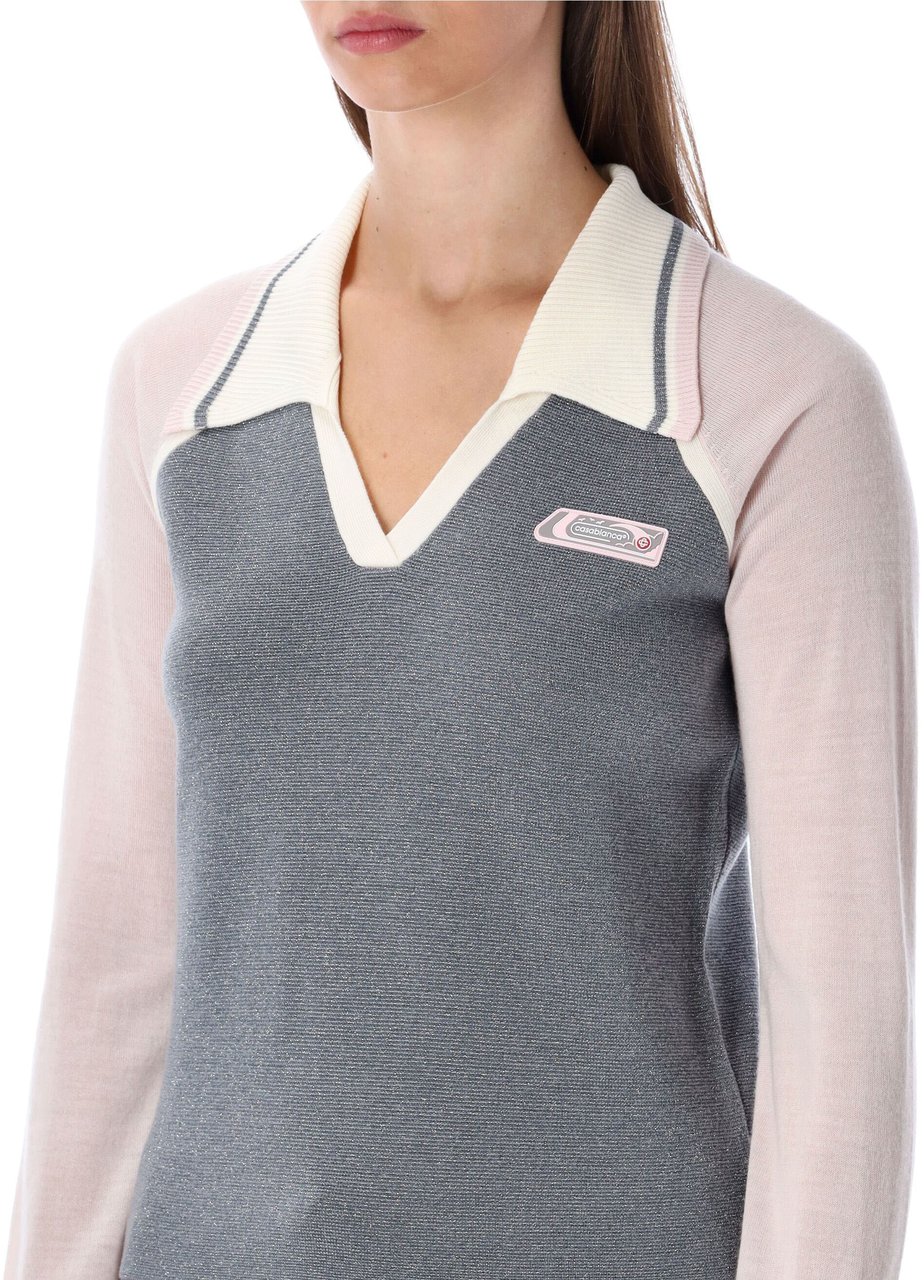 Casablanca V Neck Knit Polo Merino Silver Argento Zilver
