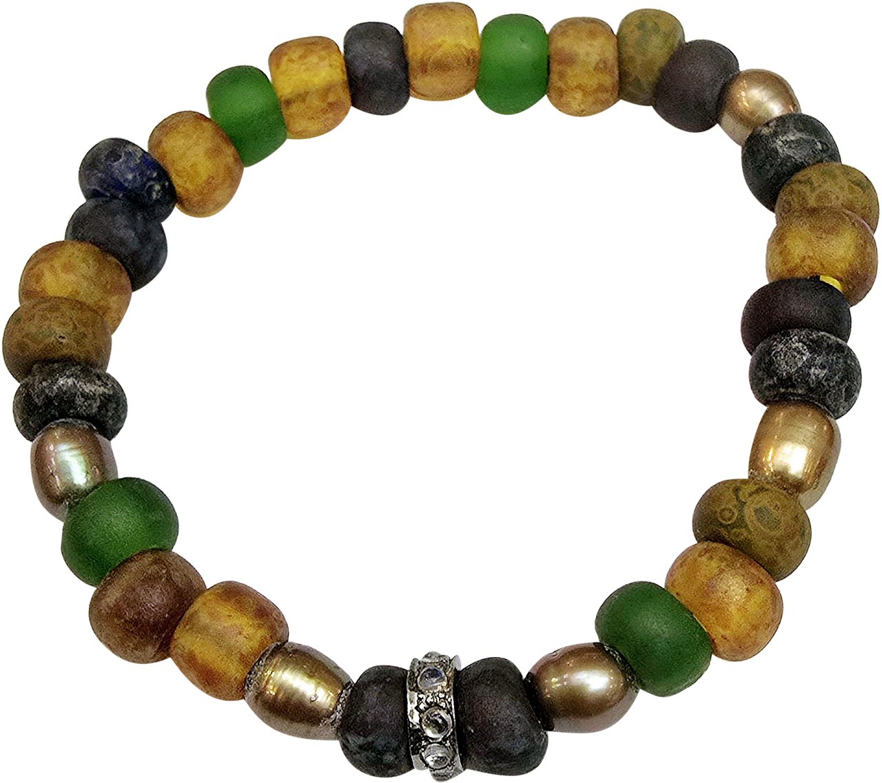 Catherine Michiels Bracelet élastique en verre africain avec rondelles en pierre de lune LC2425 Catherine Michiels Divers