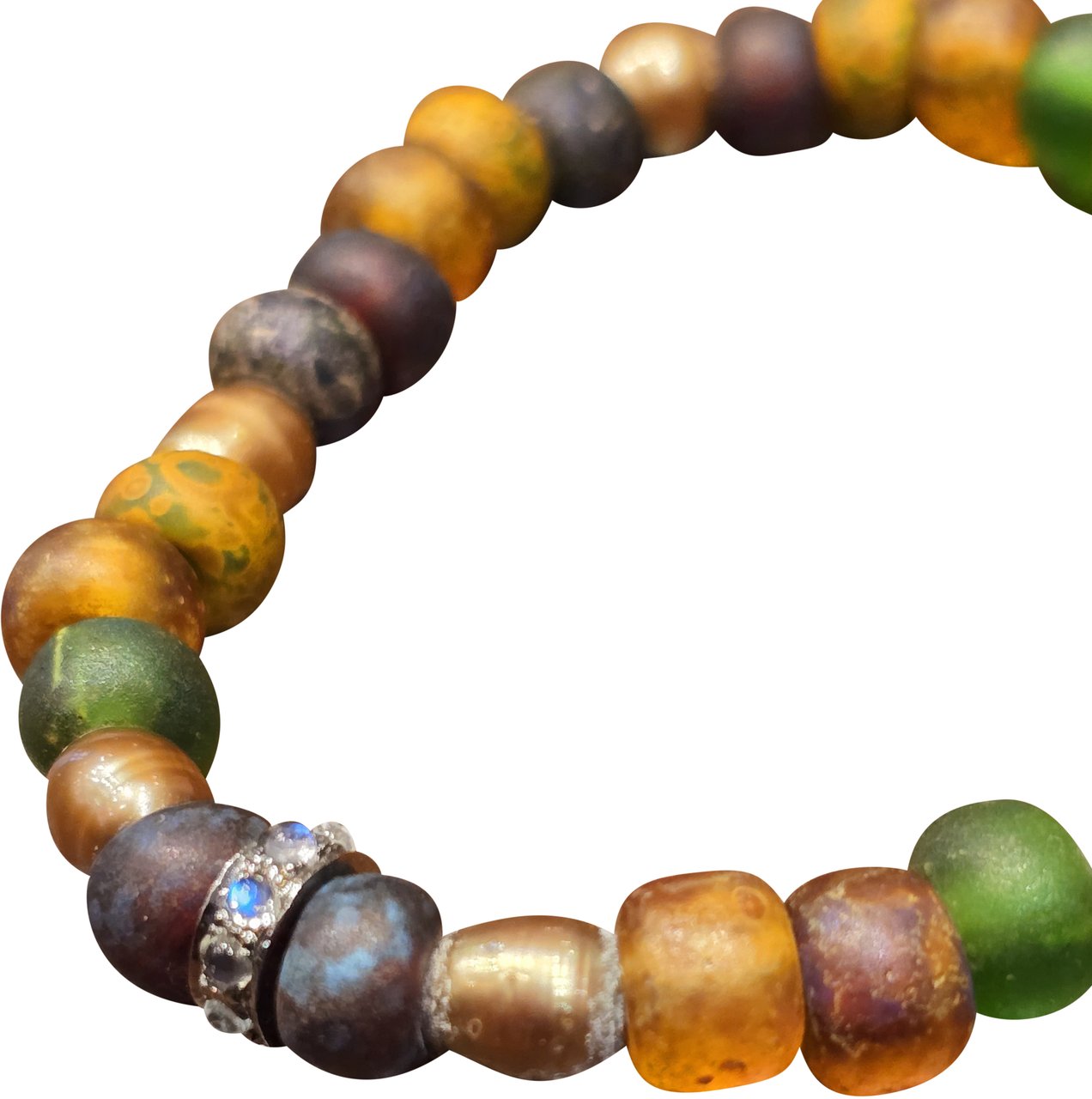 Catherine Michiels Bracelet élastique en verre africain avec rondelles en pierre de lune LC2425 Catherine Michiels Divers