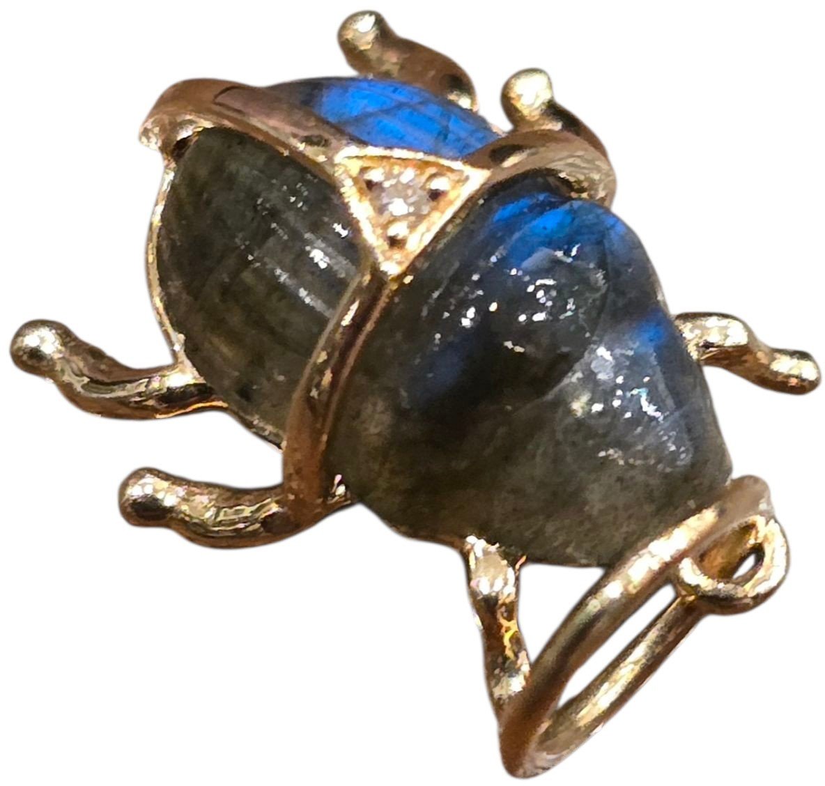 Catherine Michiels Pendentif L/E MAXOU mini scarabée labradorite or jaune 14 carats 3 diamants bijoux Catherine Michiels Blauw
