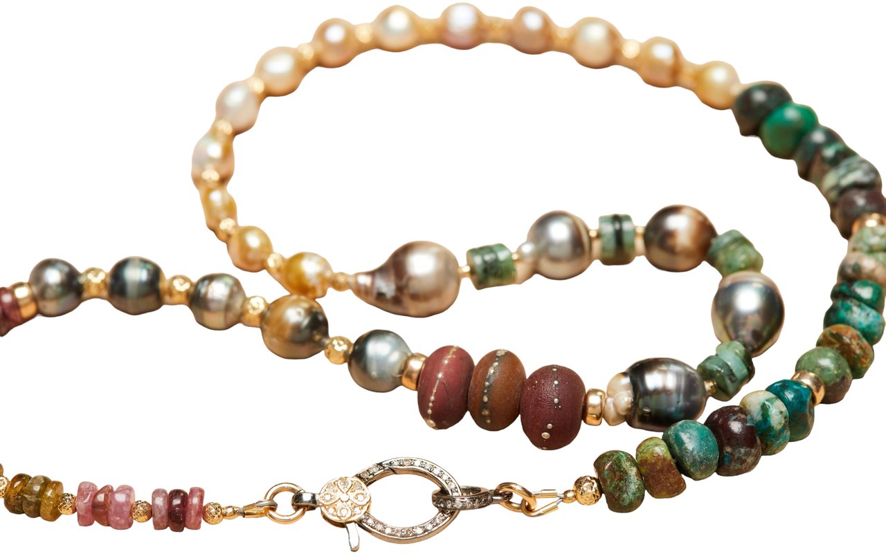 Catherine Michiels Sautoir Argent Diamants Perles tourmalines turquoises FW2317 Catherine Michiels Zilver