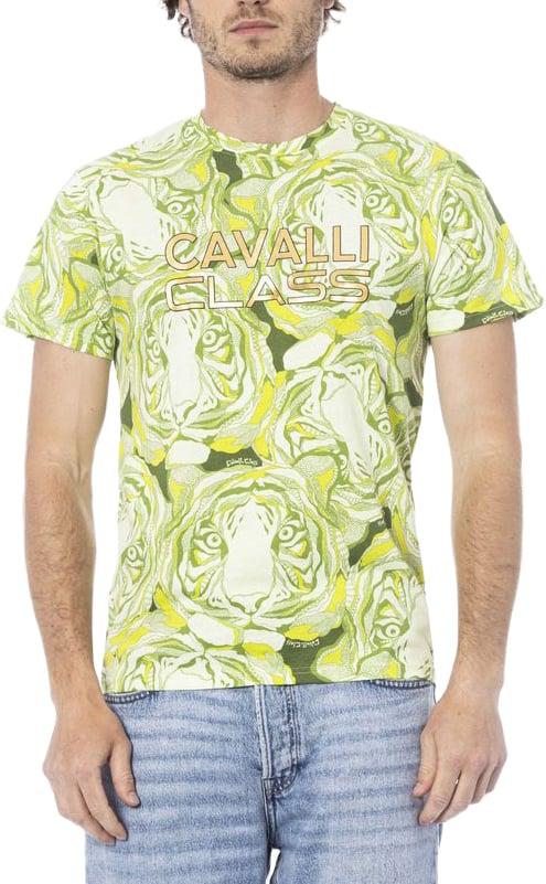 Cavalli Class Green Cotton Men T-Shirt Groen