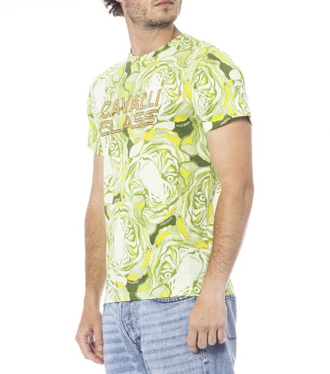 Cavalli Class Green Cotton Men T-Shirt Groen