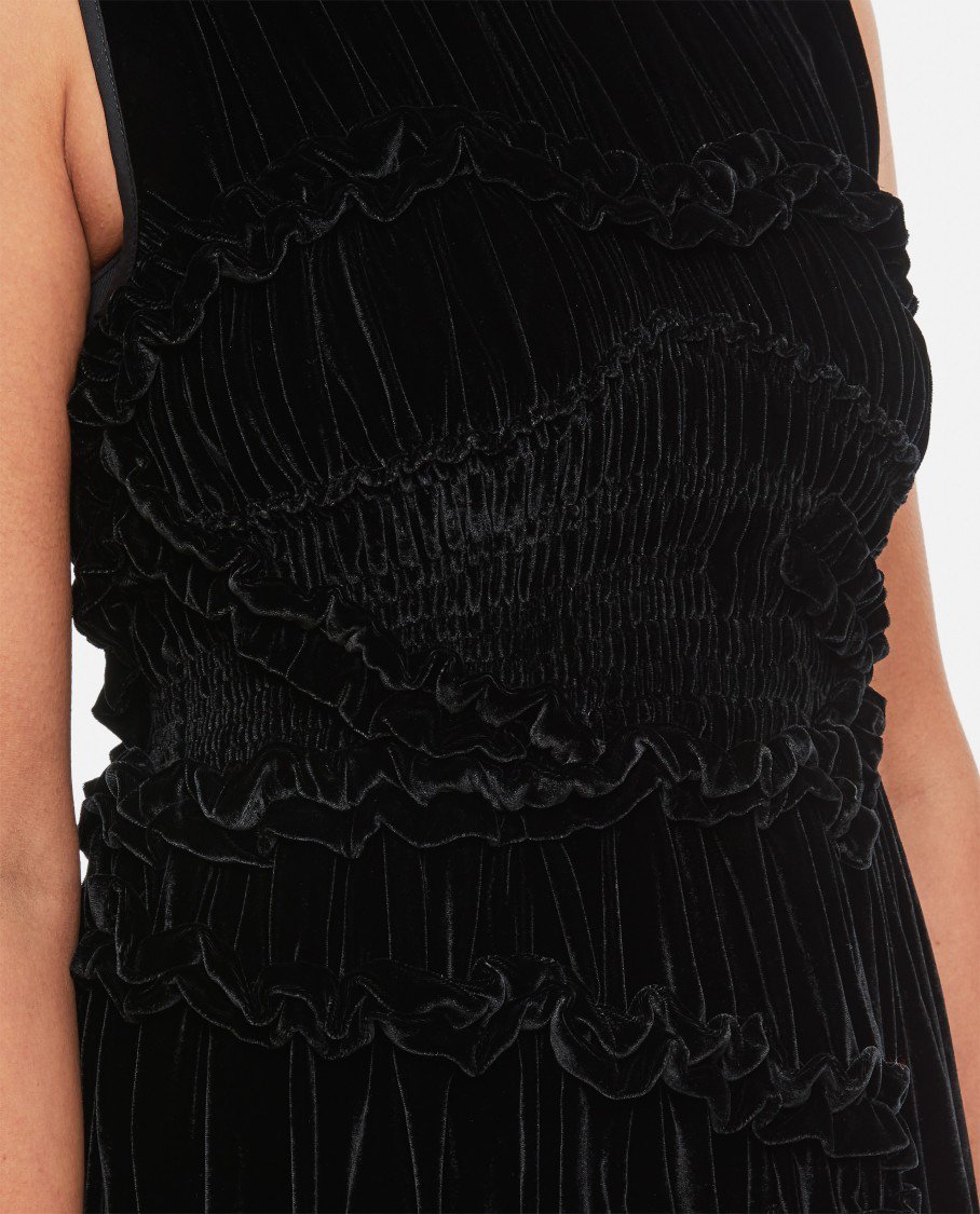 Cecilie Bahnsen Sleeveless Velvet Dress with Ruffle Detailing Zwart