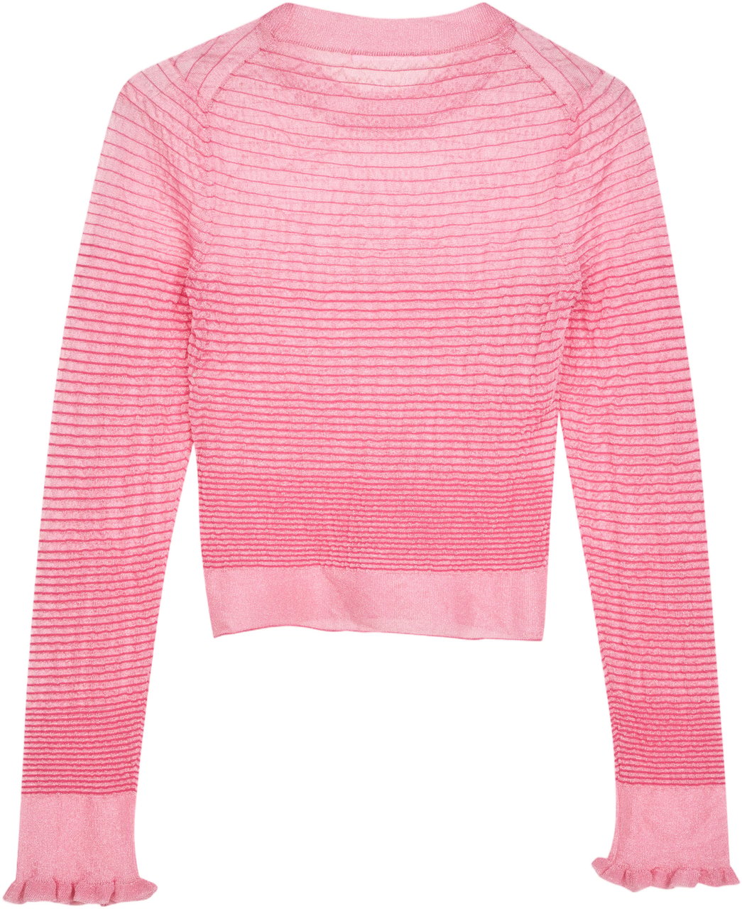 Cecilie Bahnsen Long-Sleeved Sheer Knit Crop Top with Fringed Sleeves Roze