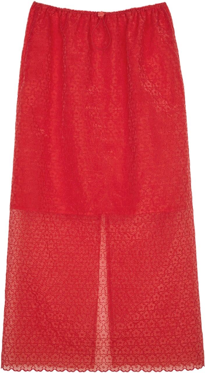 Cecilie Bahnsen Floral Embroidered Midi Skirt with Sheer Overlay and Back Slit Rood