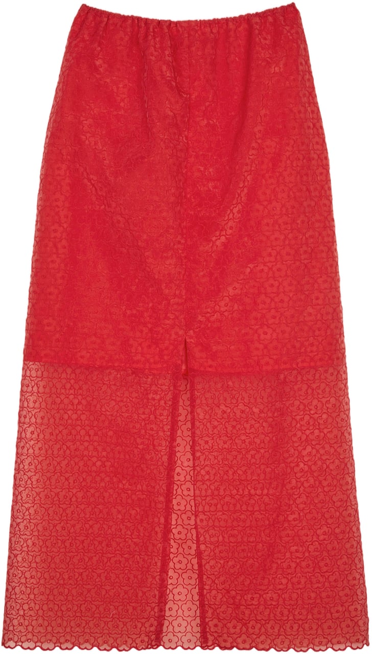 Cecilie Bahnsen Floral Embroidered Midi Skirt with Sheer Overlay and Back Slit Rood