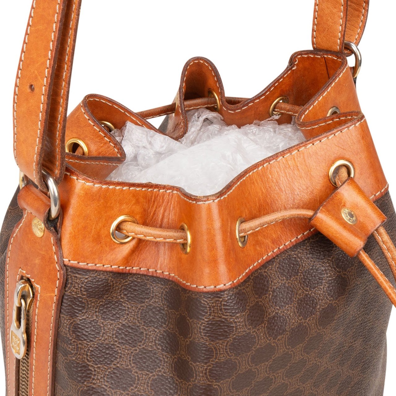 Celine Celine Macadam Canvas Drawstring Bucket Shoulder Bag Bruin