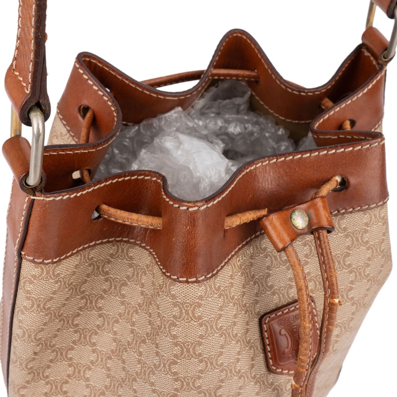 Celine Céline Monogram Macadam Drawstring Bucket Crossbody Bag Bruin