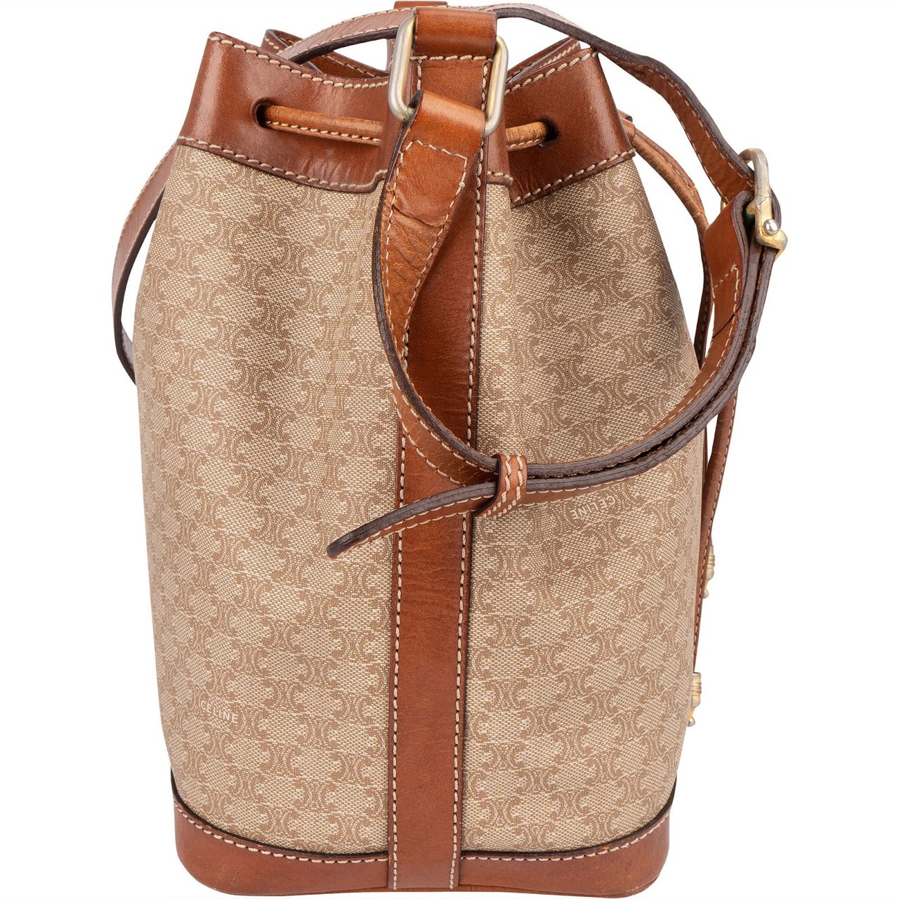 Celine Céline Monogram Macadam Drawstring Bucket Crossbody Bag Bruin