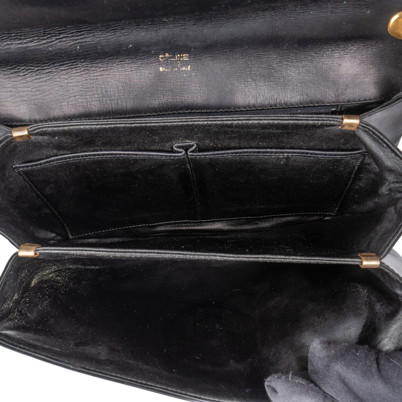 Celine Celine Black Leather Triomphe Shoulder Bag Zwart