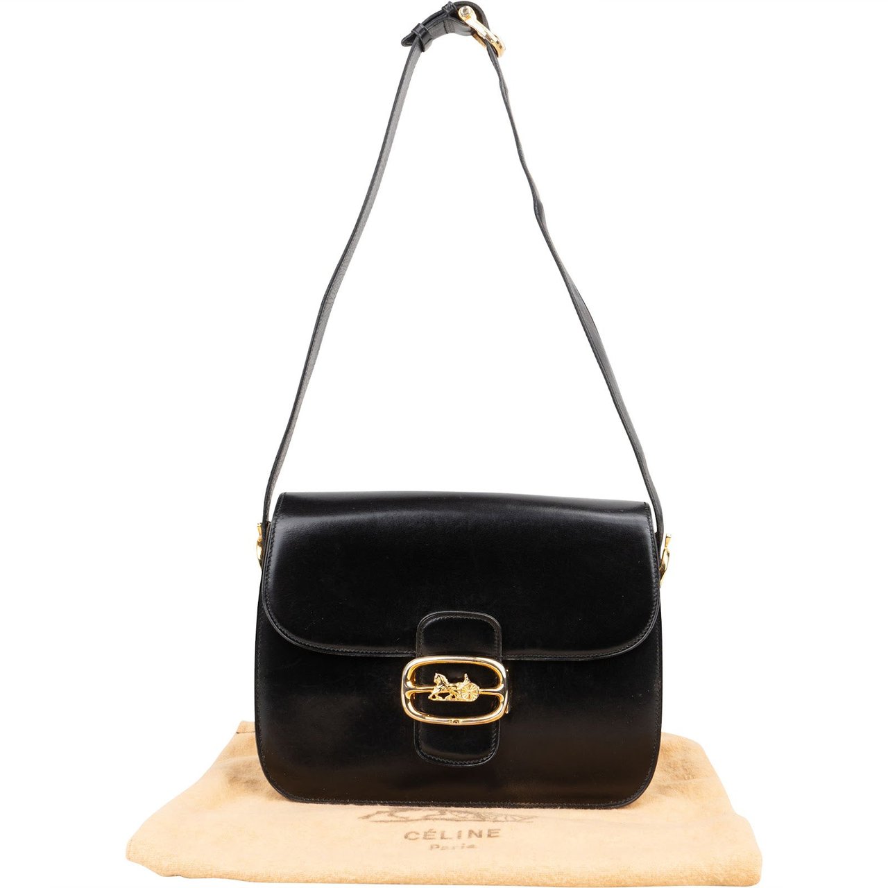 Celine Céline Box Calf Triomphe Shoulder Bag Zwart