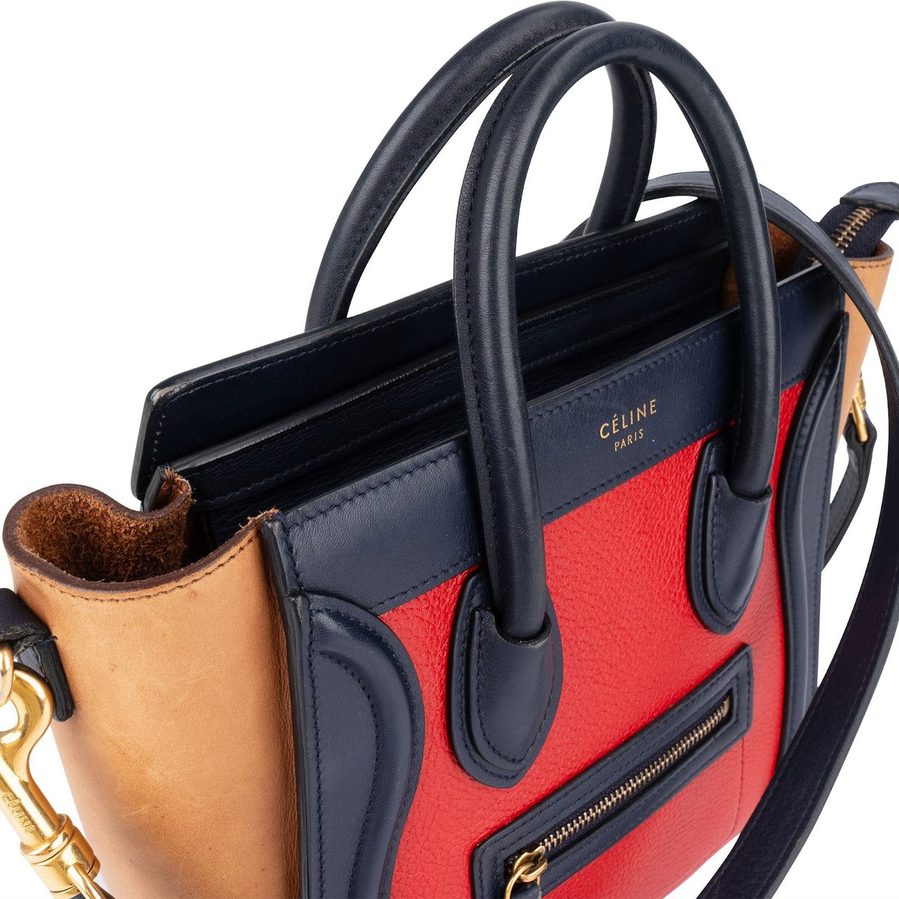 Celine Céline Tricolor Grained and Calfskin Leather Luggage Handbag Rood