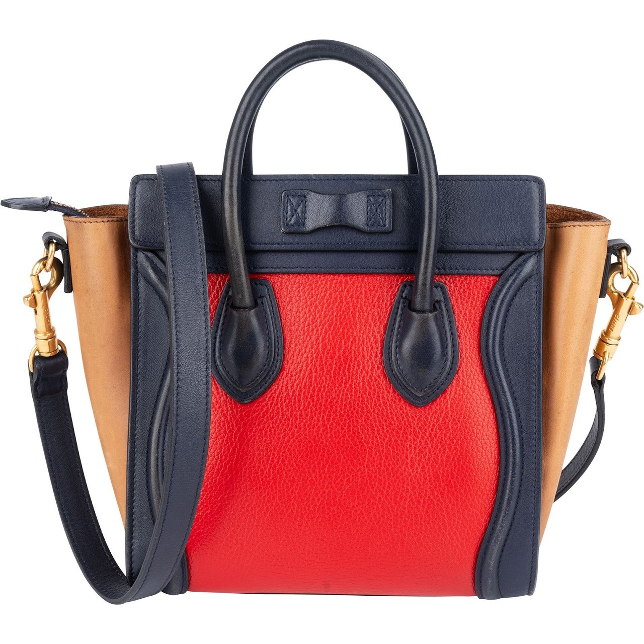 Celine Céline Tricolor Grained and Calfskin Leather Luggage Handbag Rood