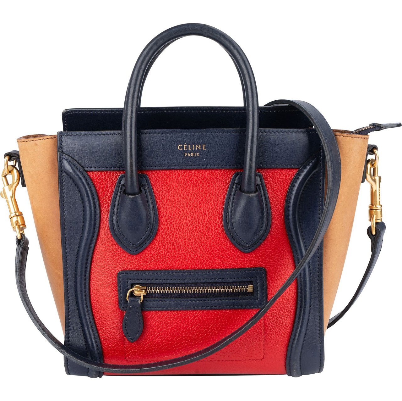 Celine Céline Tricolor Grained and Calfskin Leather Luggage Handbag Rood