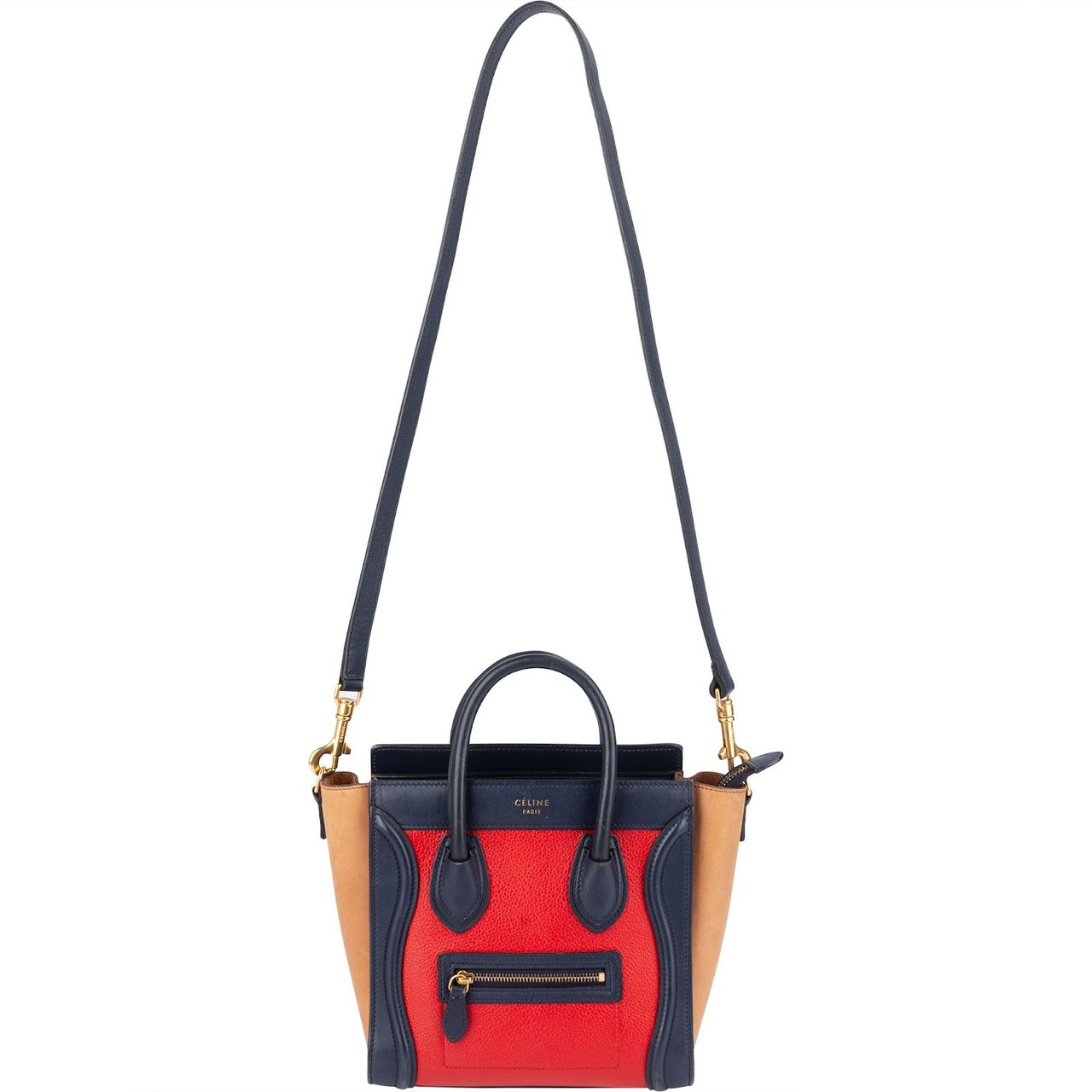 Celine Céline Tricolor Grained and Calfskin Leather Luggage Handbag Rood