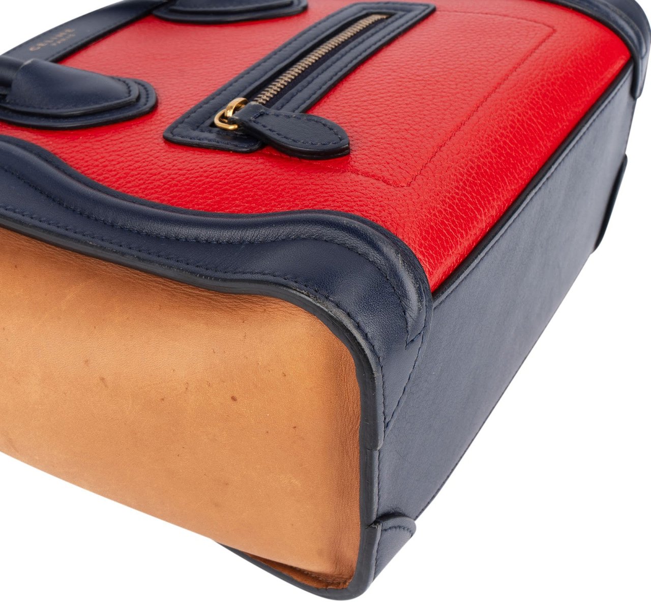 Celine Céline Tricolor Grained and Calfskin Leather Luggage Handbag Rood