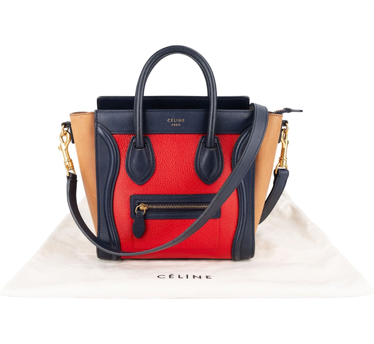 Celine Céline Tricolor Grained and Calfskin Leather Luggage Handbag Rood