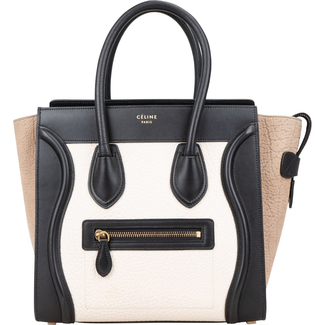 Celine Céline Grained Tricolor Leather Luggage Handbag Zwart