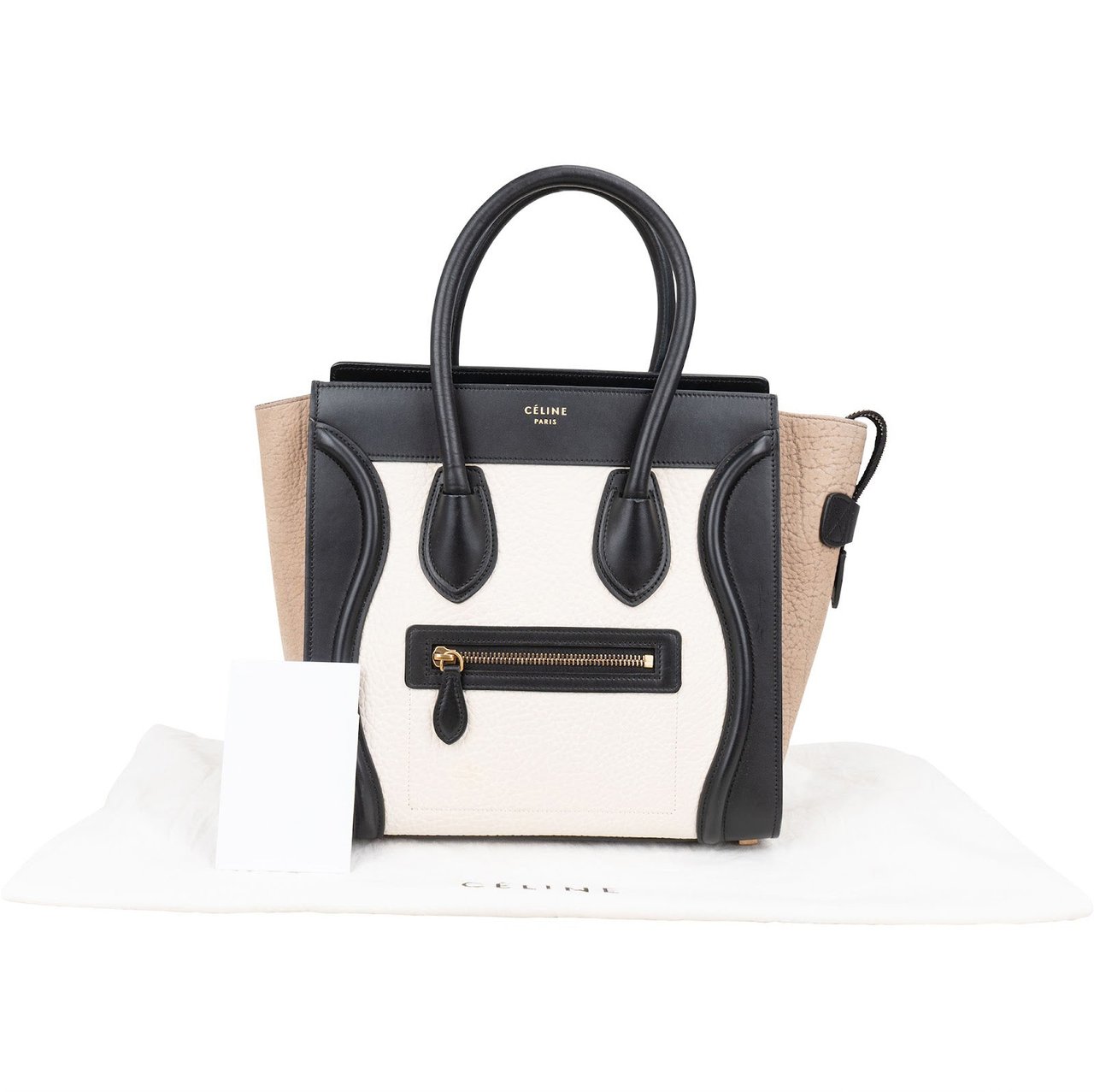 Celine Céline Grained Tricolor Leather Luggage Handbag Zwart