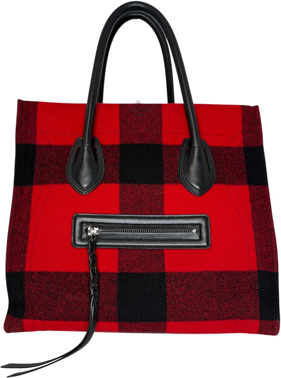 CELINE Tartan Phantom Luggage Bag Wolle rot schwarz / gut Rood