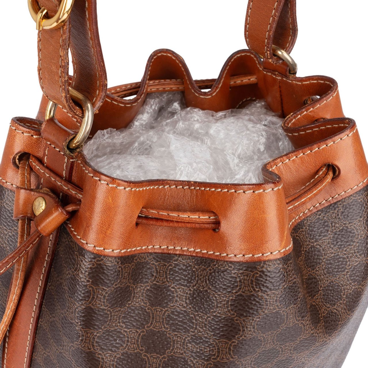 Celine Celine Monogram Macadam Drawstring Bucket Shoulder Bag Bruin