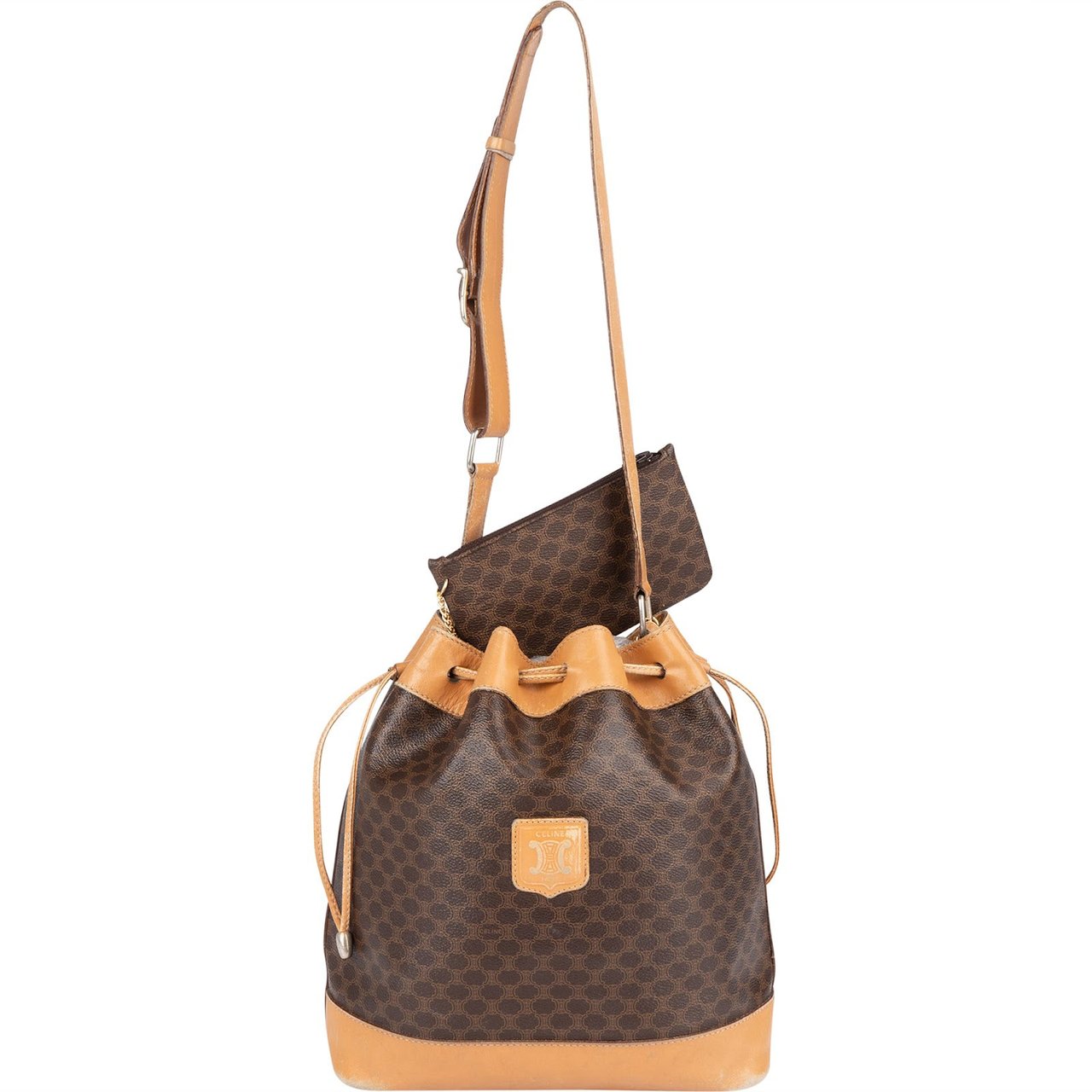 Celine Celine Monogram Macadam Drawstring Bucket Shoulder Bag Bruin