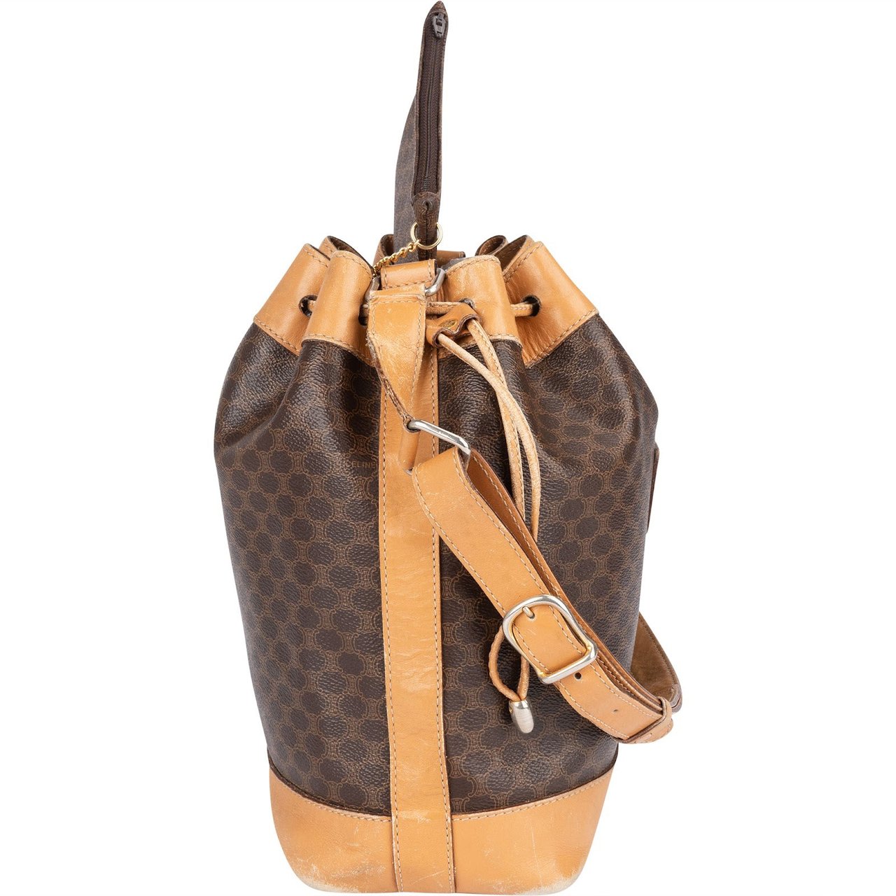 Celine Celine Monogram Macadam Drawstring Bucket Shoulder Bag Bruin