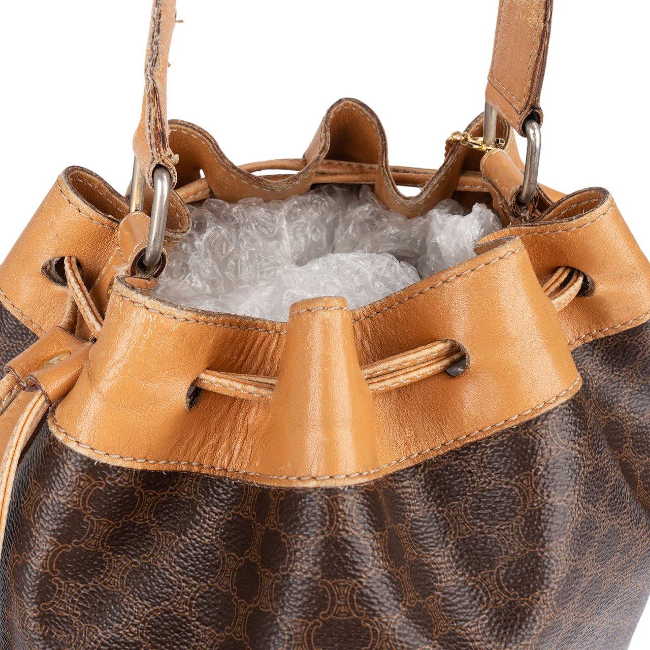 Celine Celine Monogram Macadam Drawstring Bucket Shoulder Bag Bruin