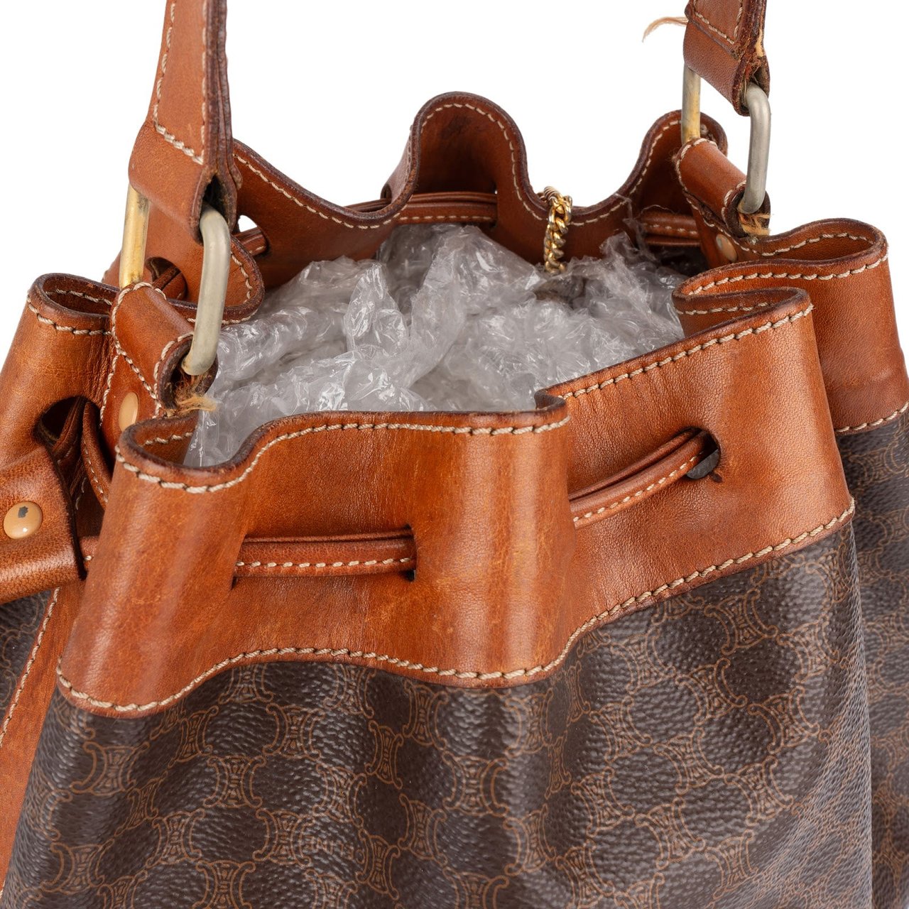 Celine Monogram Macadam Drawstring Bucket Shoulder Bag Bruin