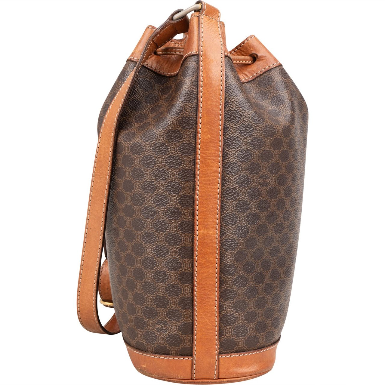 Celine Celine Monogram Macadam Canvas Drawstring Bucket Shoulder Bag Bruin