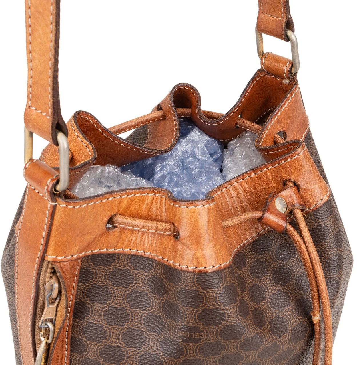 Celine Celine Monogram Macadam Canvas Drawstring Bucket Shoulder Bag Bruin