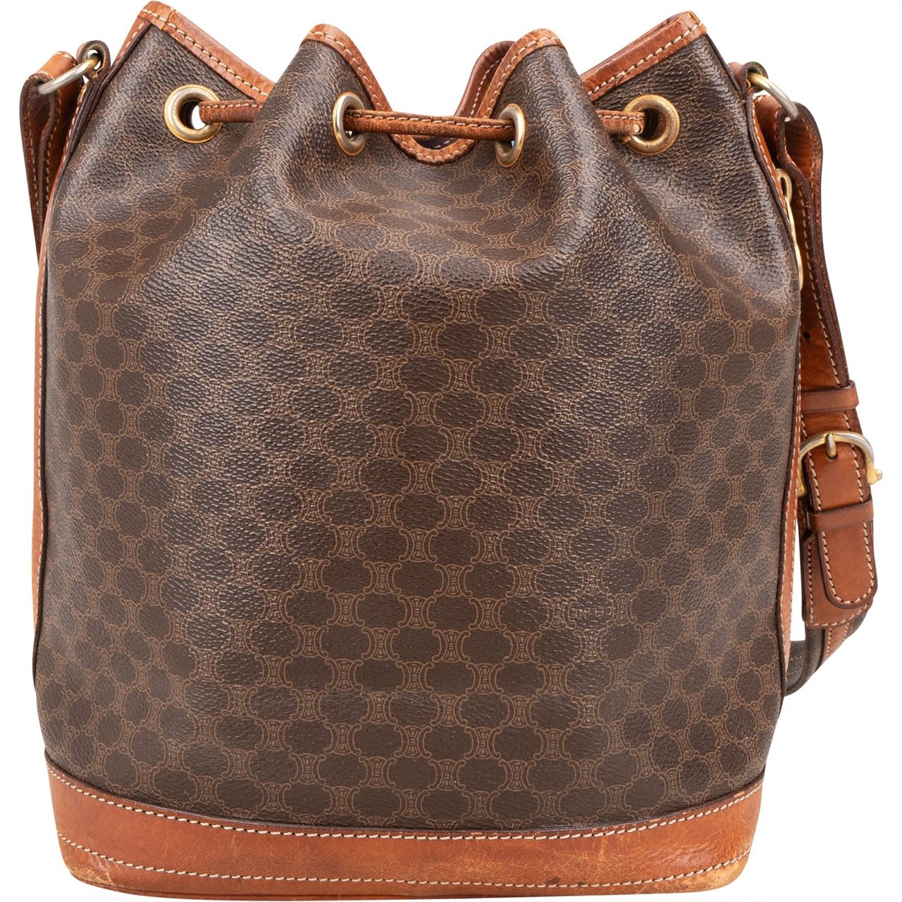 Celine Céline Monogram Macadam Canvas Drawstring Bucket Shoulder Bag Bruin