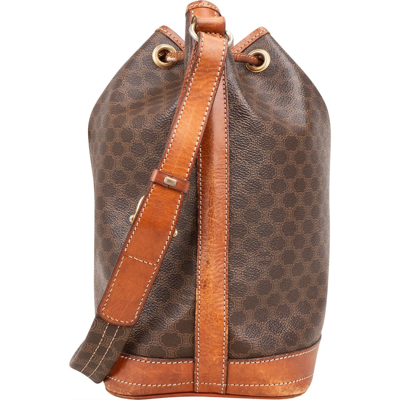 Celine Céline Monogram Macadam Canvas Drawstring Bucket Shoulder Bag Bruin