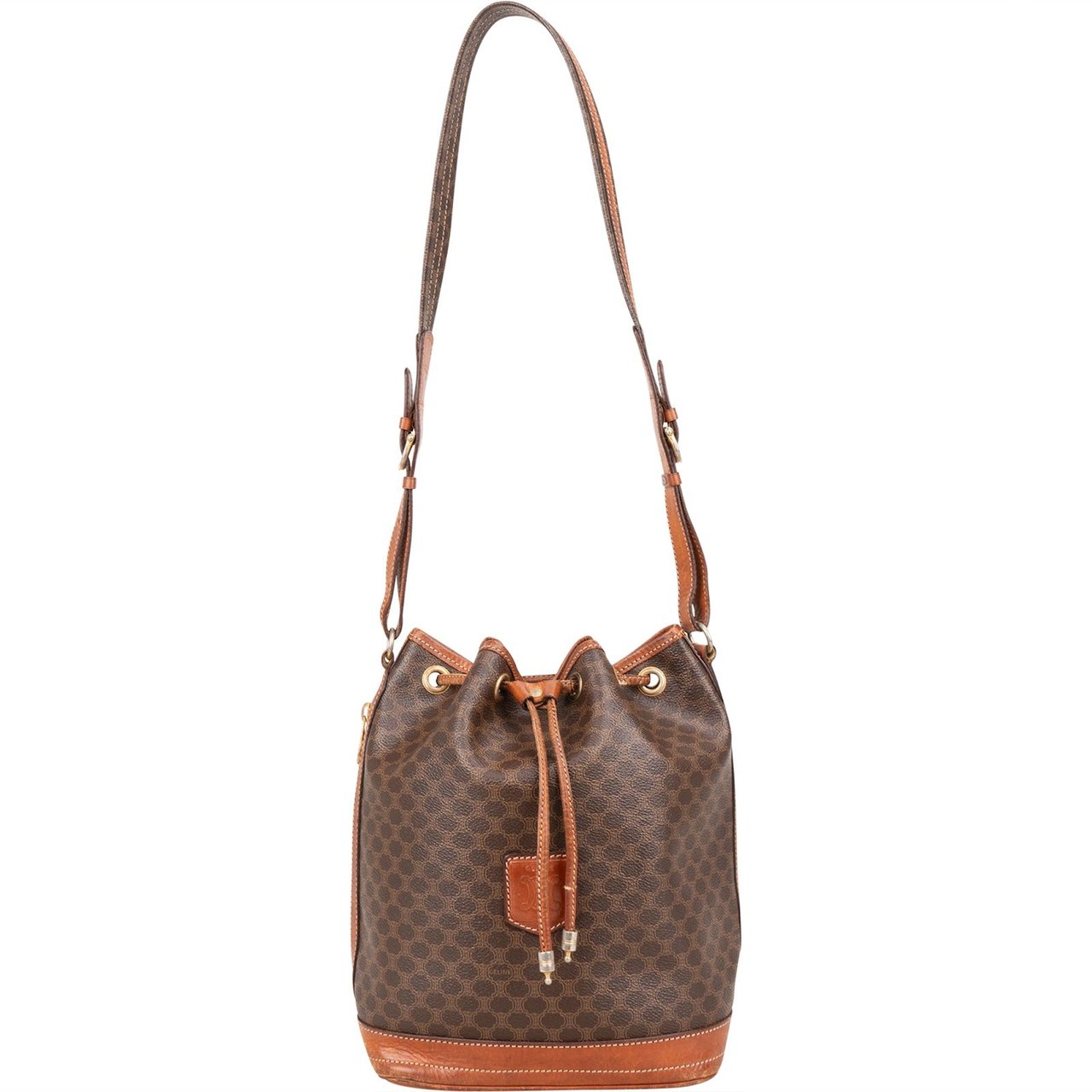 Celine Céline Monogram Macadam Canvas Drawstring Bucket Shoulder Bag Bruin