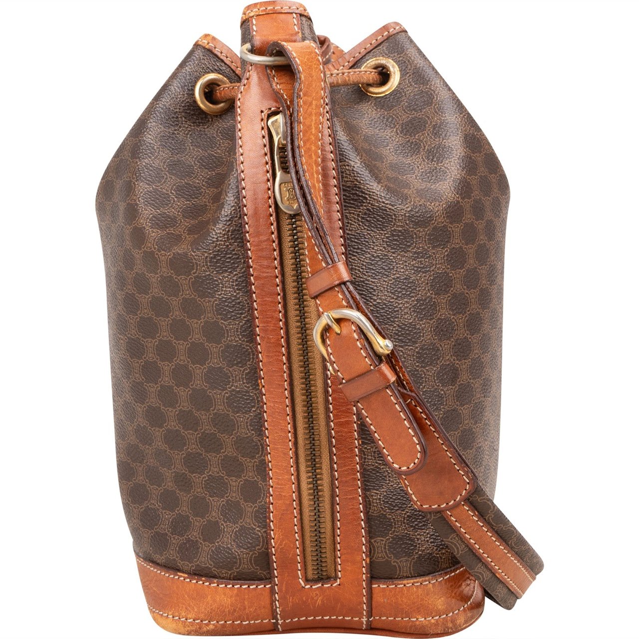 Celine Céline Monogram Macadam Canvas Drawstring Bucket Shoulder Bag Bruin