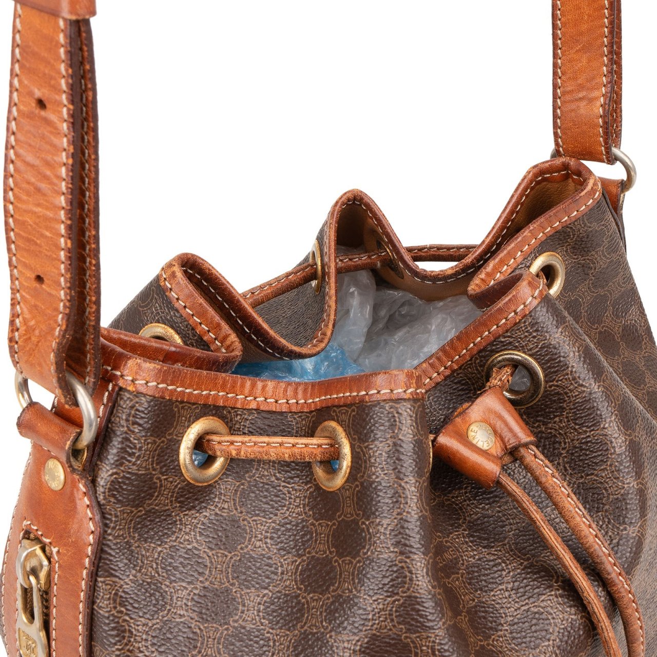 Celine Céline Monogram Macadam Canvas Drawstring Bucket Shoulder Bag Bruin
