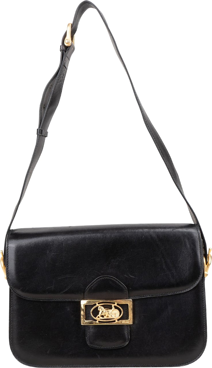Celine Céline Box Calfskin Leather Triomphe Shoulder Bag Zwart