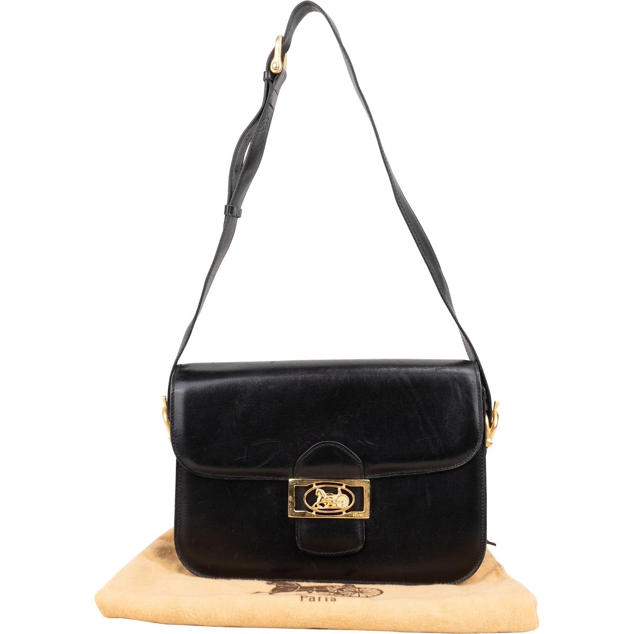 Celine Céline Box Calfskin Leather Triomphe Shoulder Bag Zwart