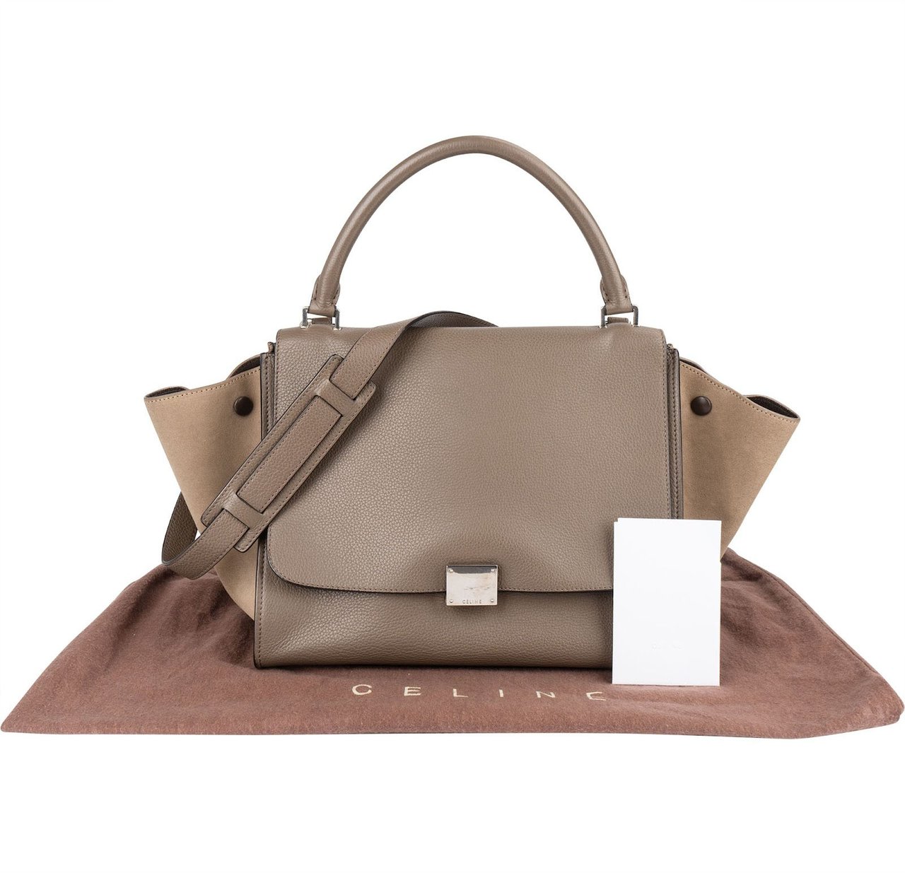 Celine Céline Drummed Calfskin and Suede Trapeze Handbag Taupe