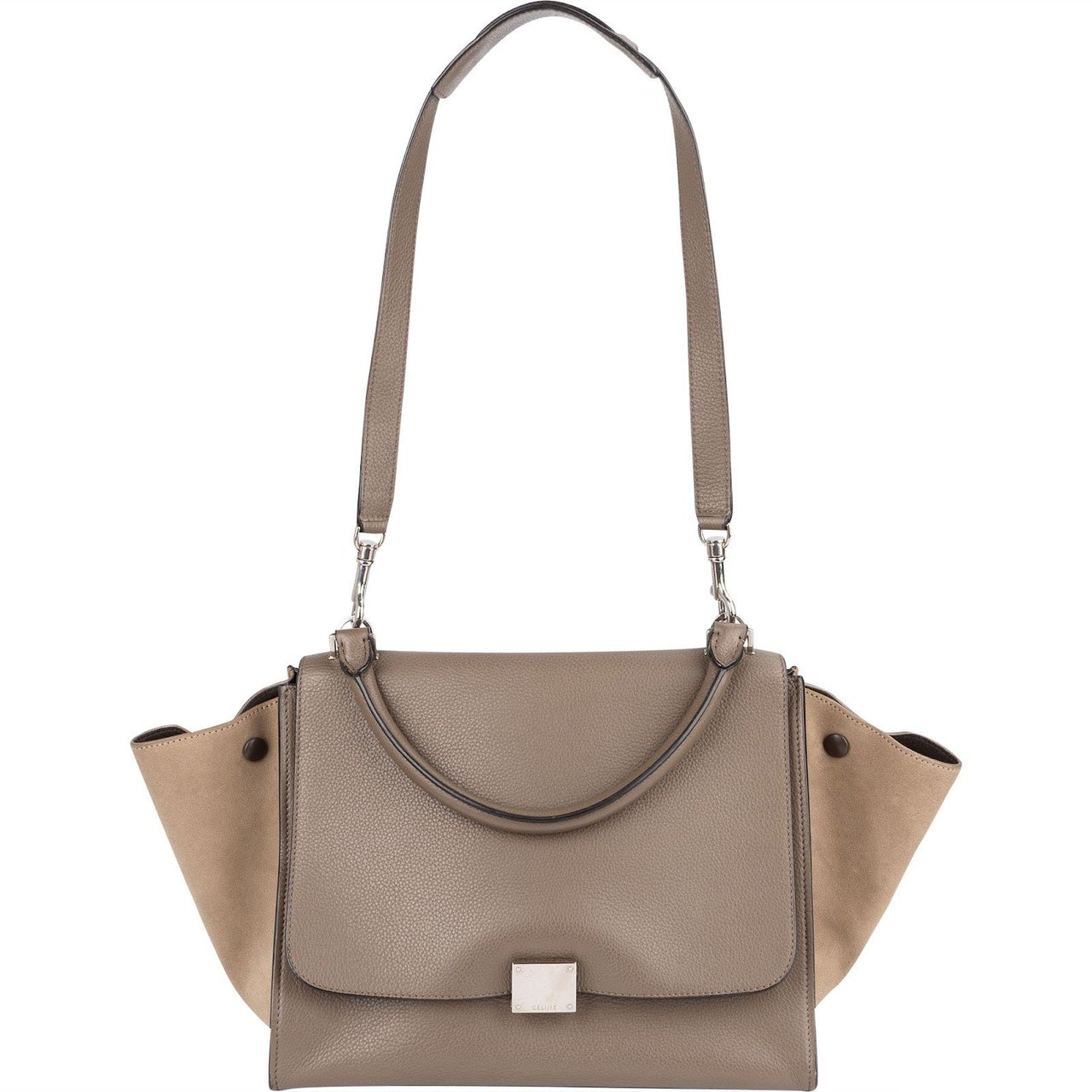 Celine Céline Drummed Calfskin and Suede Trapeze Handbag Taupe
