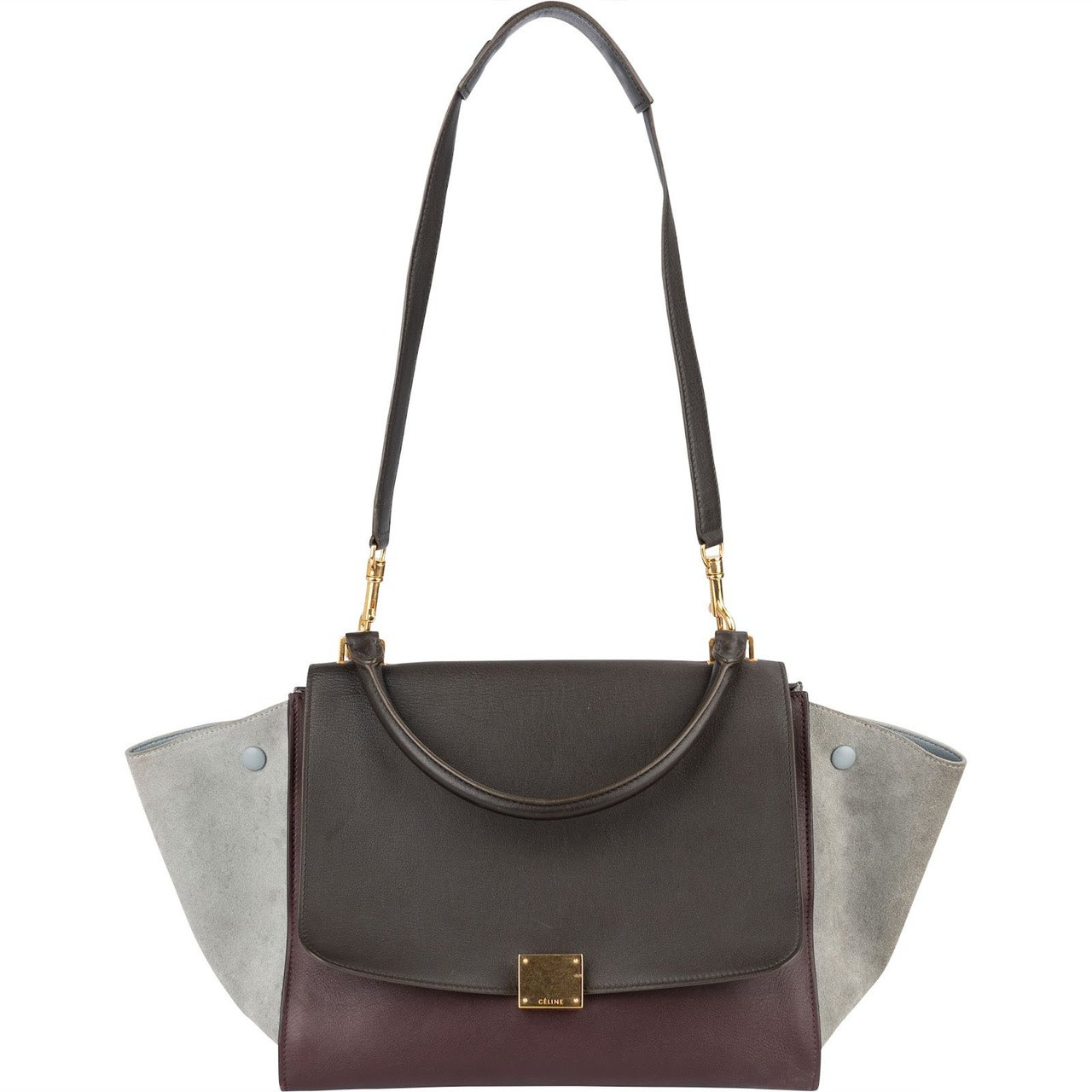 Celine Céline Leather and Suede Trapeze Handbag Donkergrijs