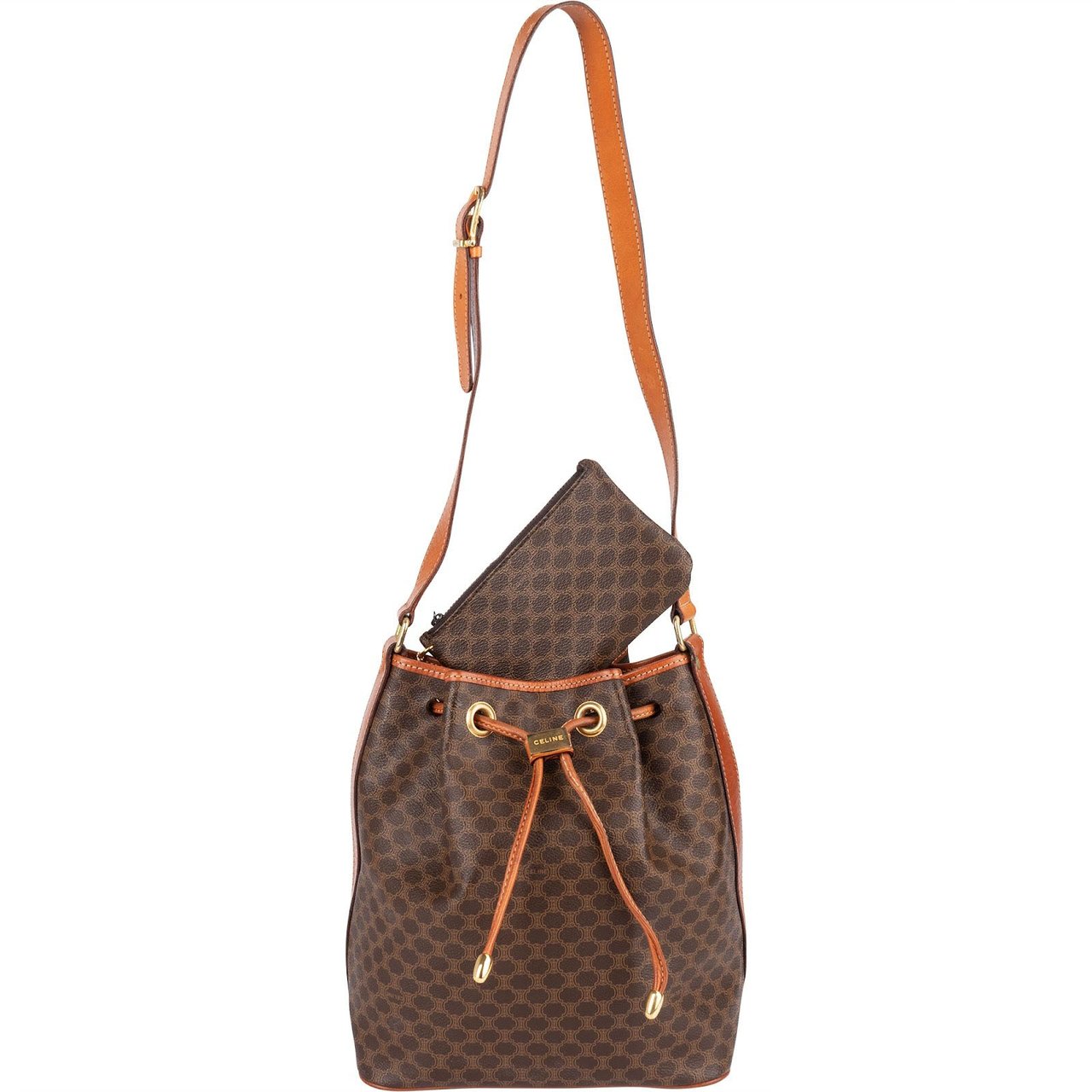 Celine Celine Monogram Macadam Drawstring Bucket Shoulder Bag Bruin