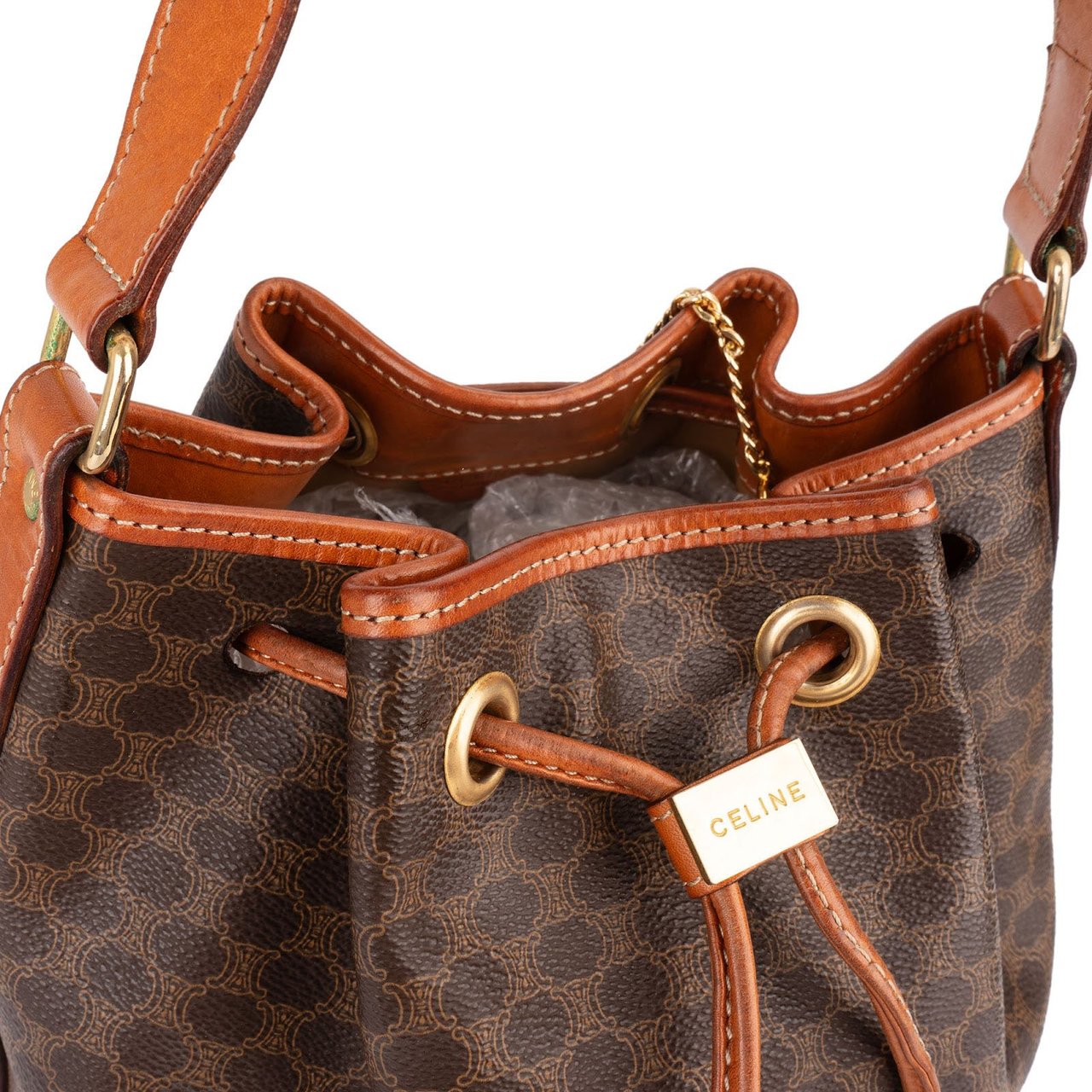 Celine Celine Monogram Macadam Drawstring Bucket Shoulder Bag Bruin