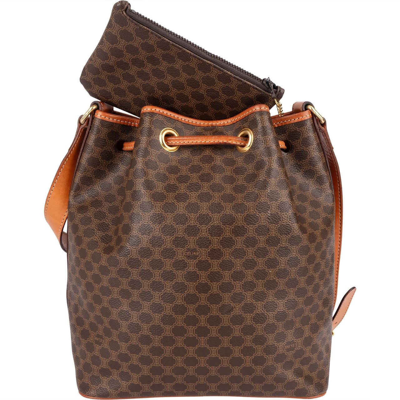 Celine Celine Monogram Macadam Drawstring Bucket Shoulder Bag Bruin