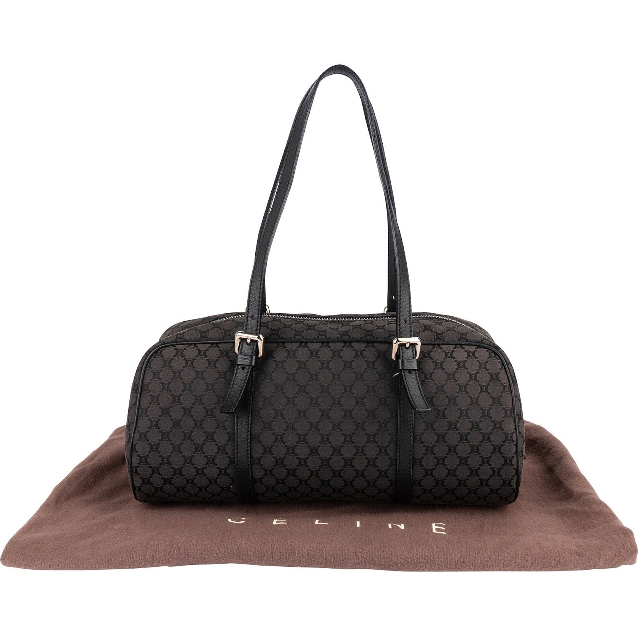 Celine Celine Black Macadam Nylon Boston Shoulder Bag Zwart