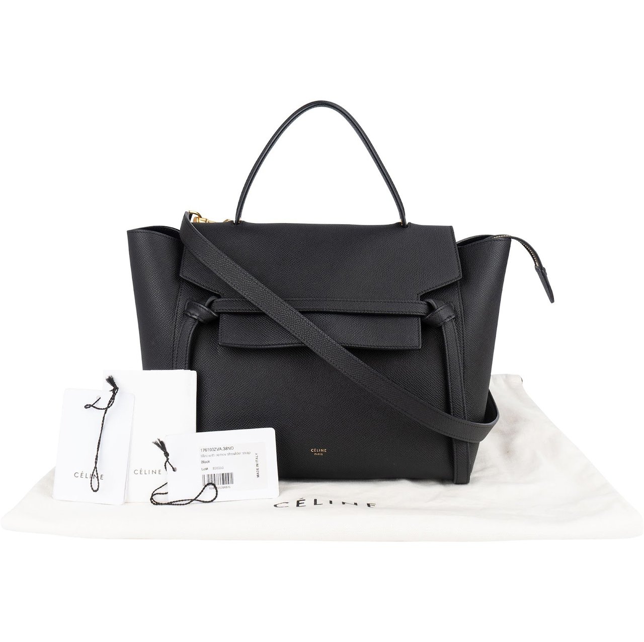 Celine Céline Black Leather Grained Calfskin Belt Handbag Zwart