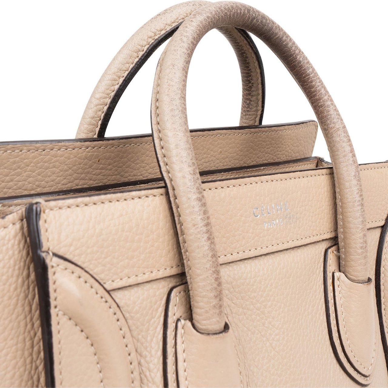 Celine Céline Drummed Calfskin Luggage Handbag Beige
